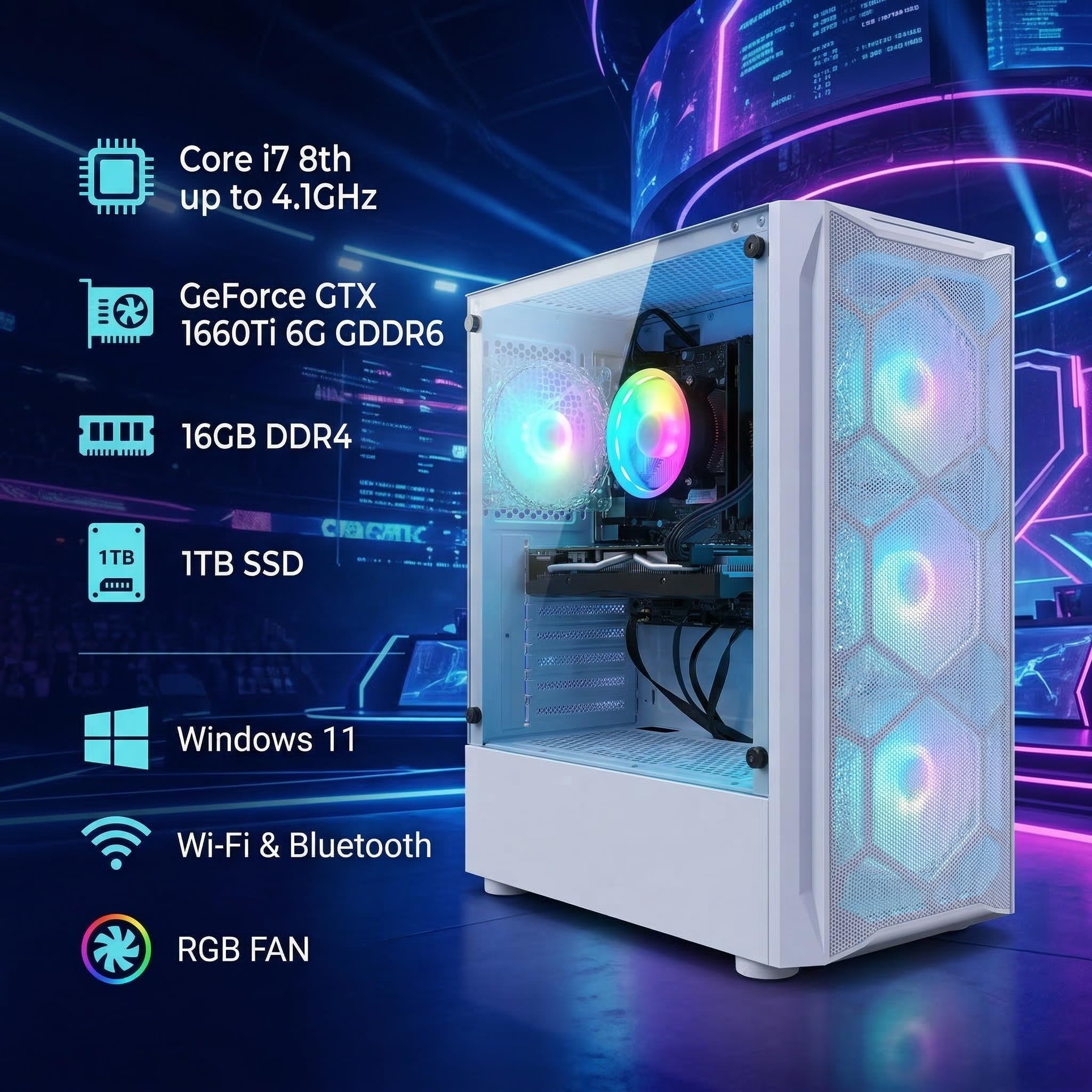 High-performance gaming PC with Intel i7 and NVIDIA GTX 1660 Ti.